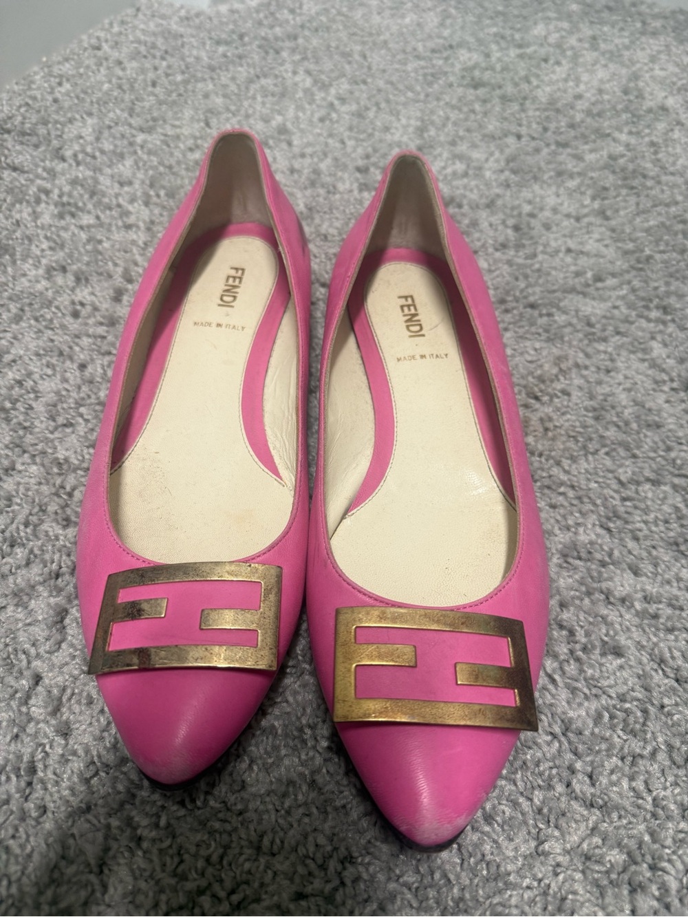 Fendi Pink Leather Pointed Flats with Gold FF Plaque